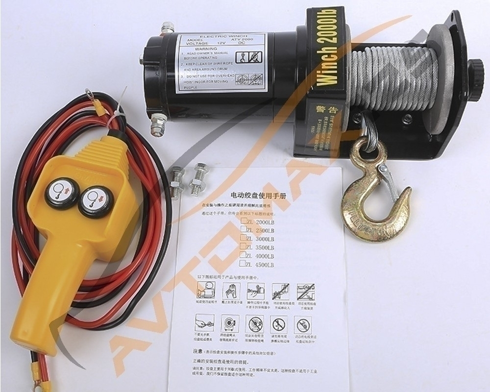 Лебедка электрическая 12V Electric Winch 2000lbs / 907 кг с кевларовым тросом